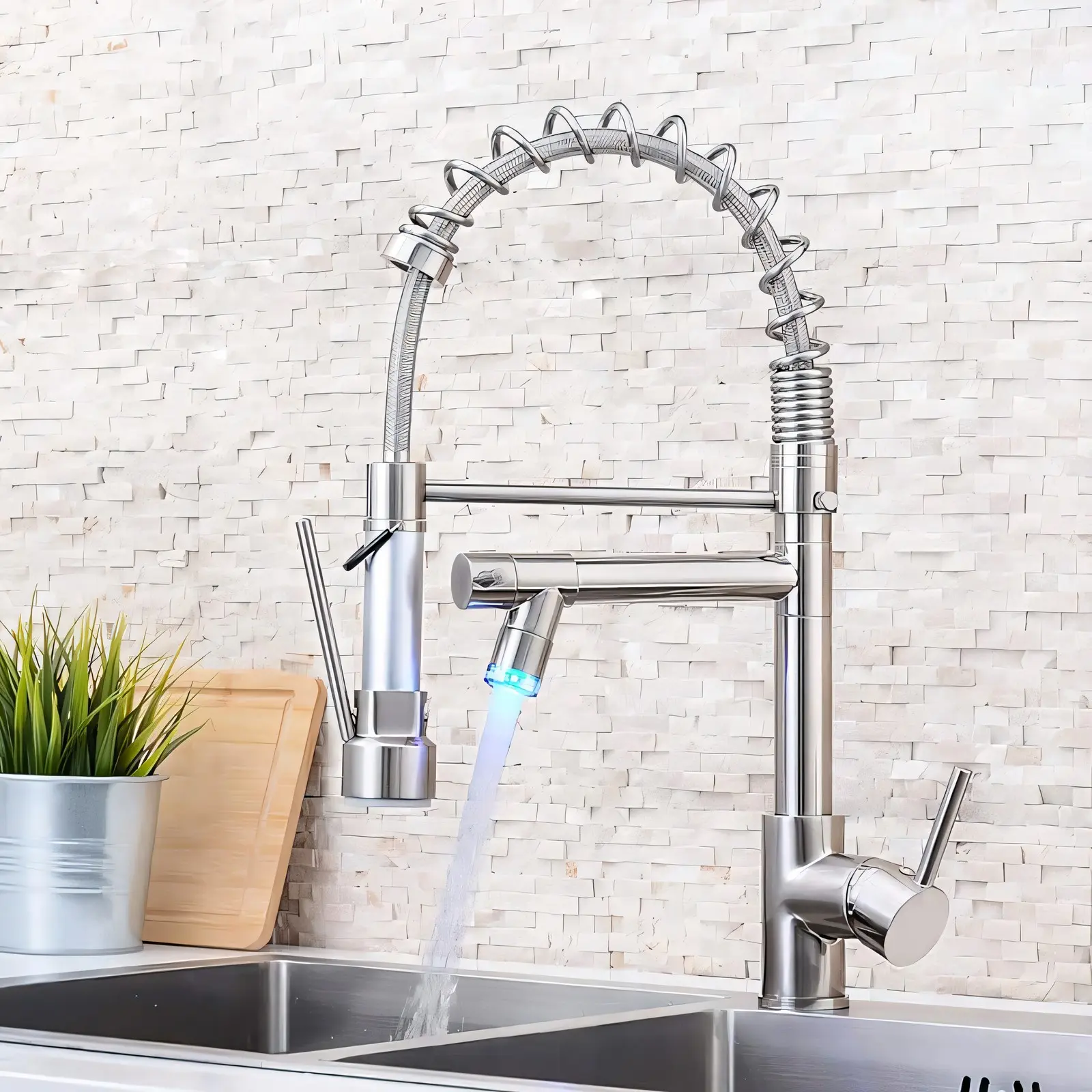 Commercial LED Backlit Gooseneck Kitchen Faucet - 18.1 in High-Arc, 360° Swivel Spring Pull-Down Sprayer, Single Handle Brushed Nickel & Matte Black, 1-Hole Deck Mounted, LED Splash-Free Aerated Stream, for RV & Home Kitchen Taps