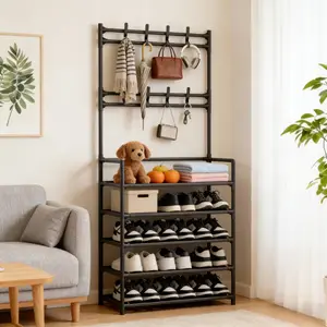 A 5-Tier Coat And Shoe Rack Combo with 8 Hooks, Suitable for Entryways, This Shoe Rack Features a Double-Row Storage Design for Homes, Bedrooms, And Offices. It Is a Freestanding Organizer That Can Hold Shoes, Clothes, Hats, And Bags
