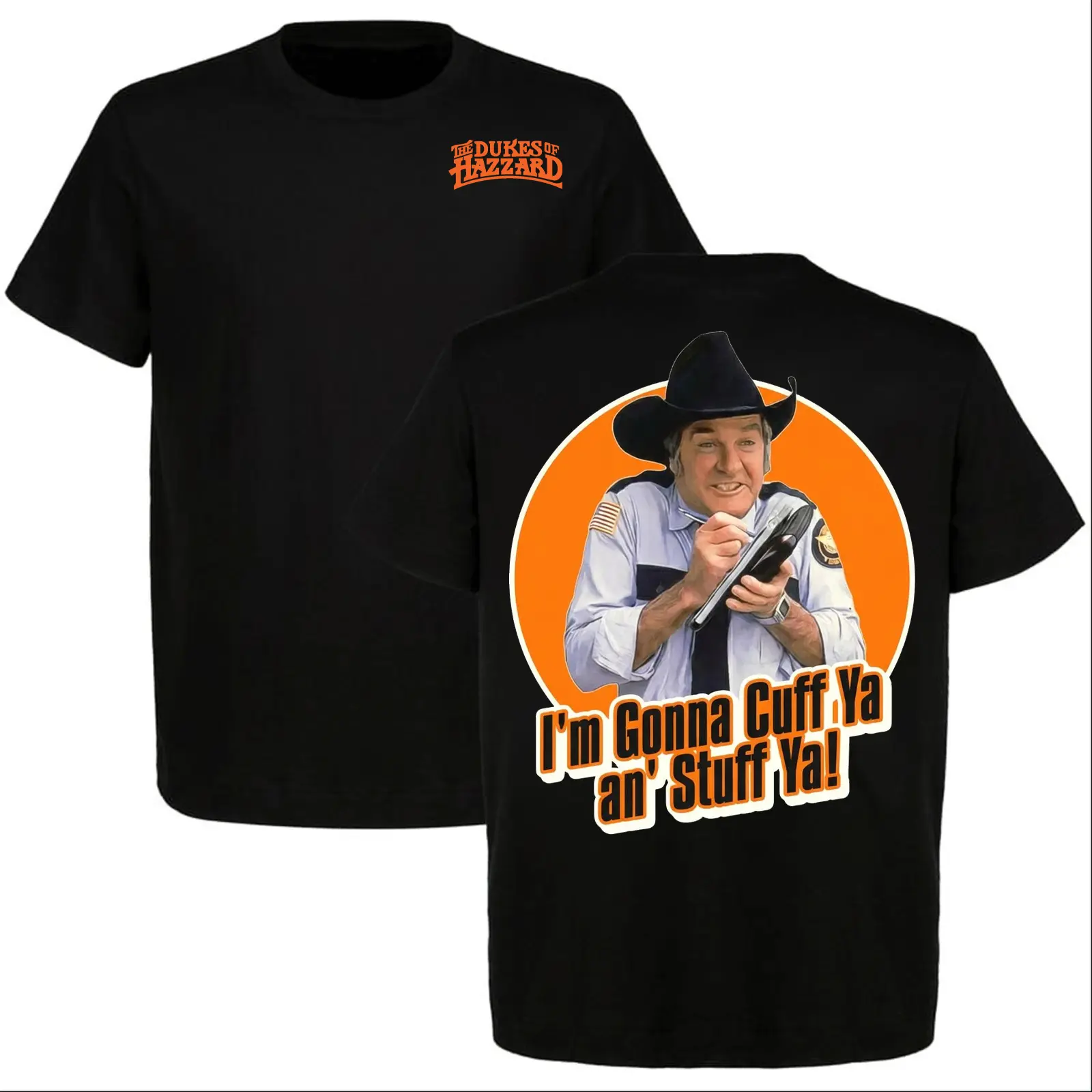 Retro Sheriff Graphic Print Short-Sleeve Casual 100% Cotton T-Shirt, Dukes of Hazzard Inspired, Cold Machine Wash, Ideal for Classic TV Enthusiasts, Old School Design