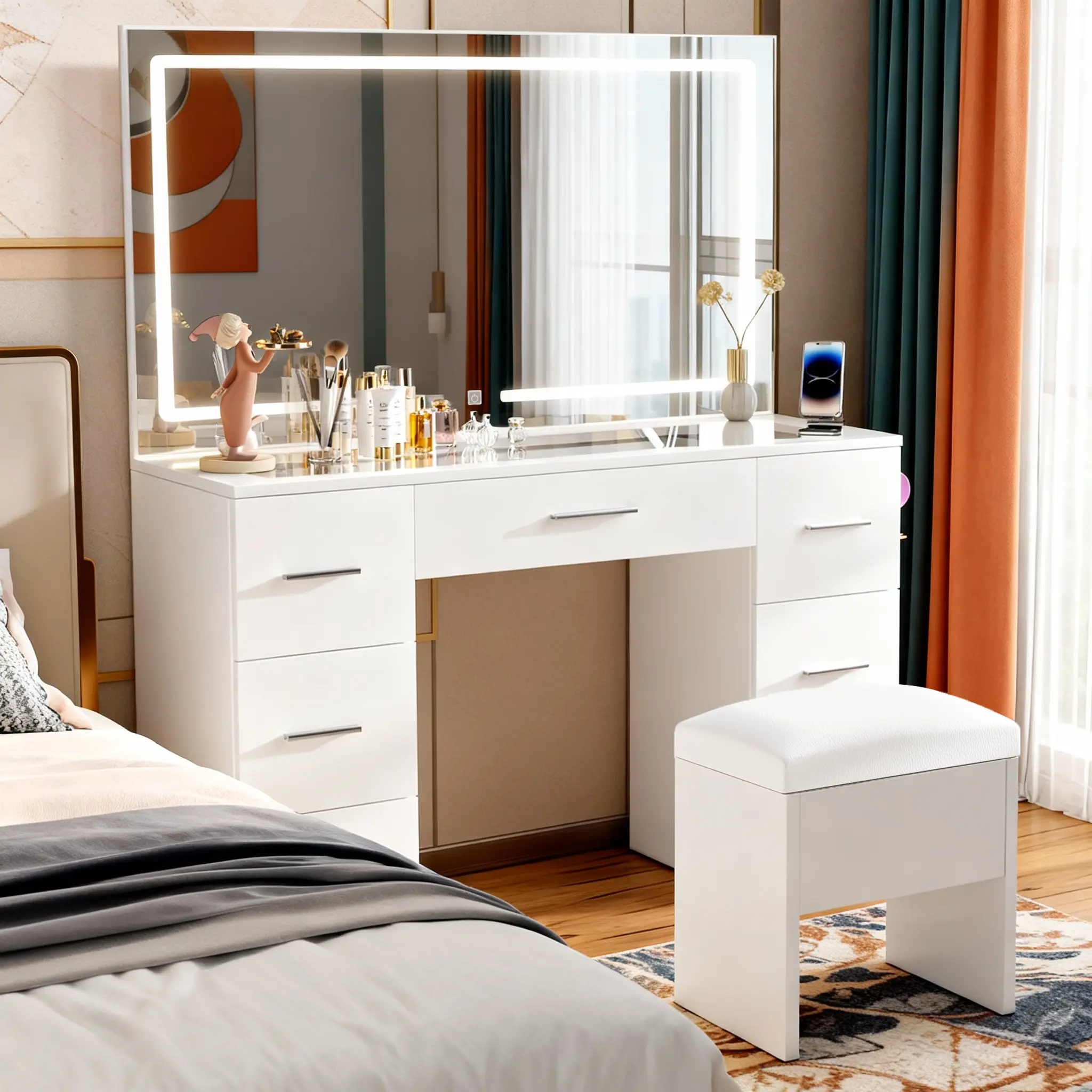 Hippo Furniture White Sturdy Makeup Vanity Desk for Mom, Friend - Modern Bright LED Mirror with 3 Color Modes, Glass Top, Power Station, 7 Storage Drawers, Matching Stool, Fast Setup Guide for Dresser Organization
