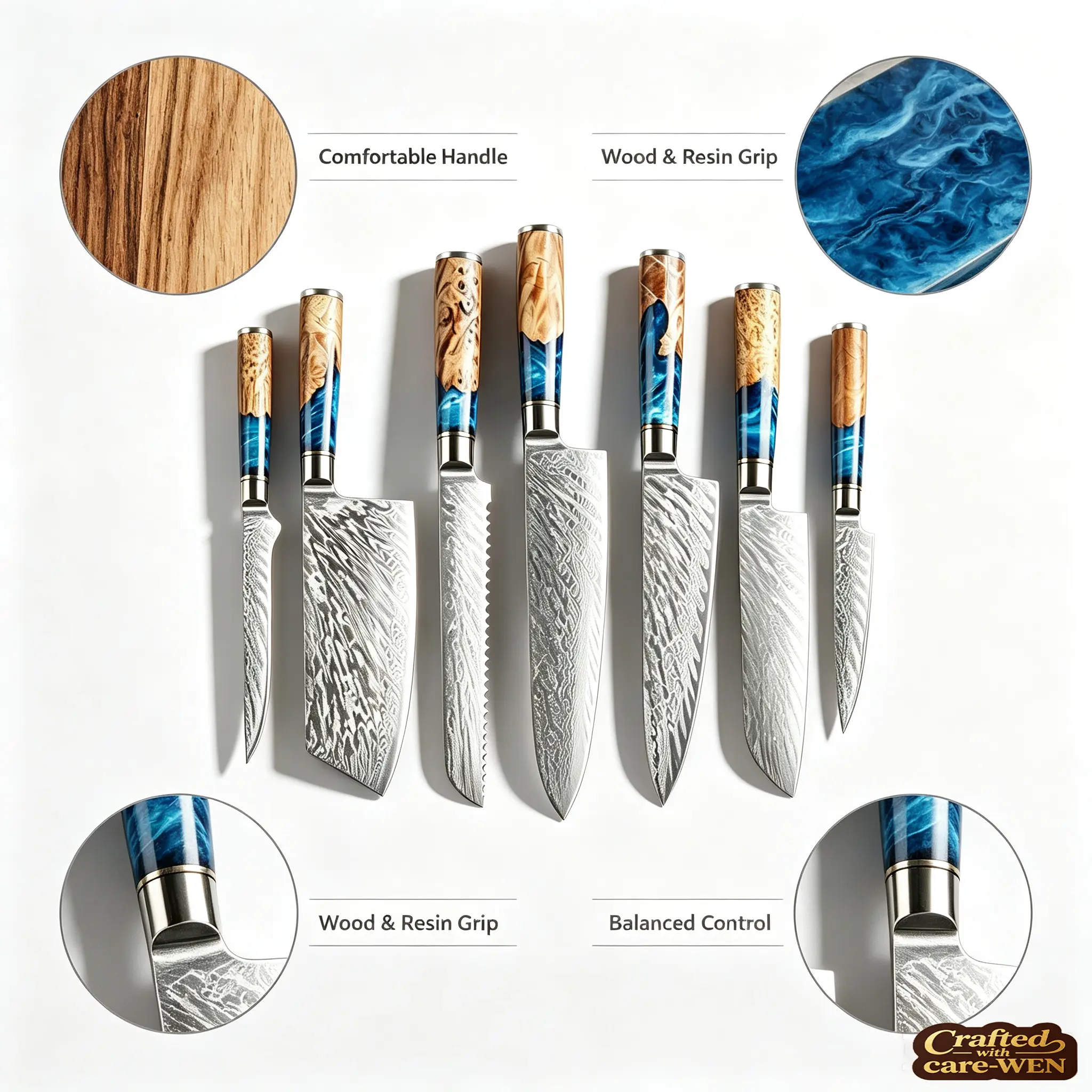 7PCS /3PCS Premium Damascus Kitchen Knife Set, Ultra-Sharp Stainless Steel Blades with Blue Resin & Wood Handles, Handcrafted Chef Knives for Home Cooking