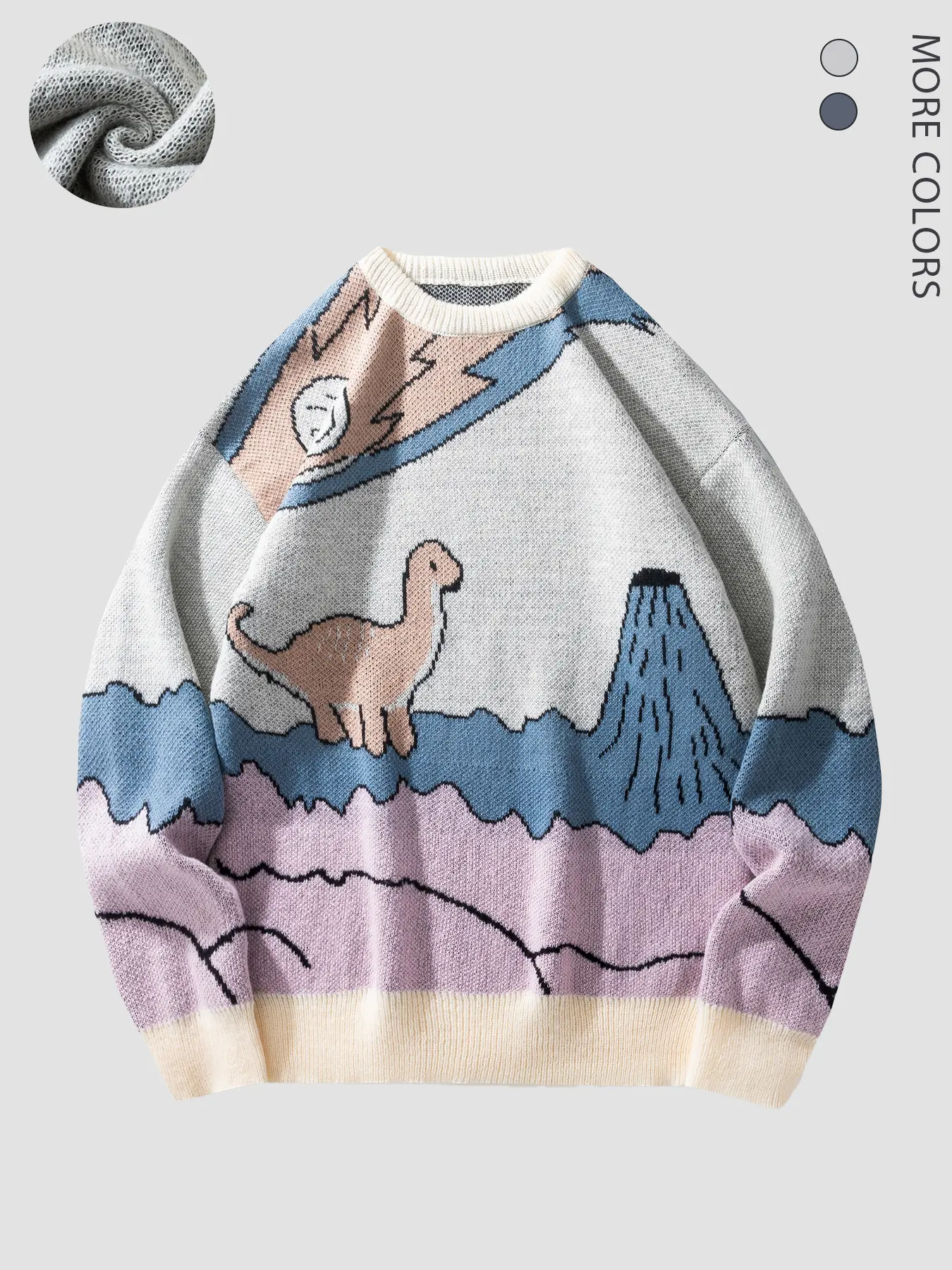 Vintage Dinosaur Pattern High Neck Knitted Sweater, Casual Fitted Long Sleeve Knit Pullover, Unisex Streetwear Knitwear for Fall & Winter