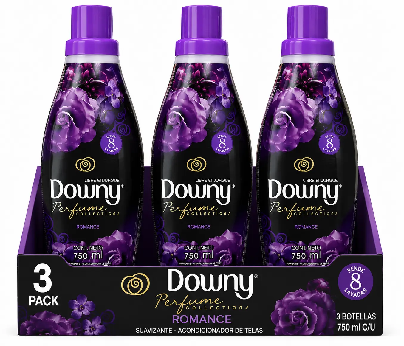 Downy Perfume Collections Romance Liquid Fabric Softener, 3 Pack, 750 ml Bottles, Long-Lasting Floral Fragrance