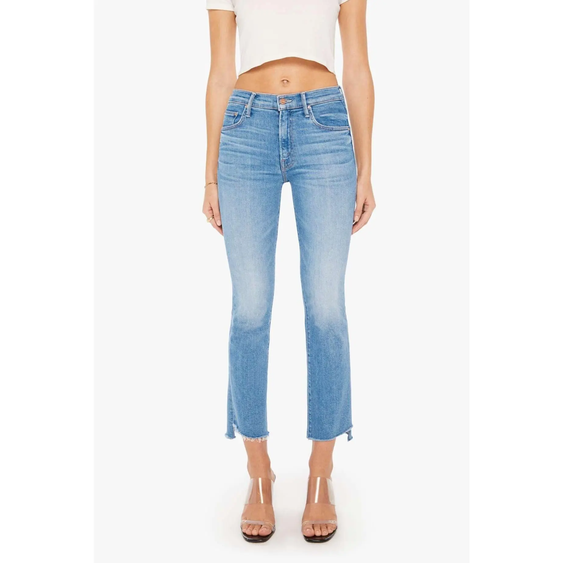 Cropped Bootcut Jeans for Women in a Mid-Blue Wash Stretch Denim, High-Waisted with a Frayed Step-Hem, Cotton, High Waist, Modal, Elastane, Frayed Hem, Casual
