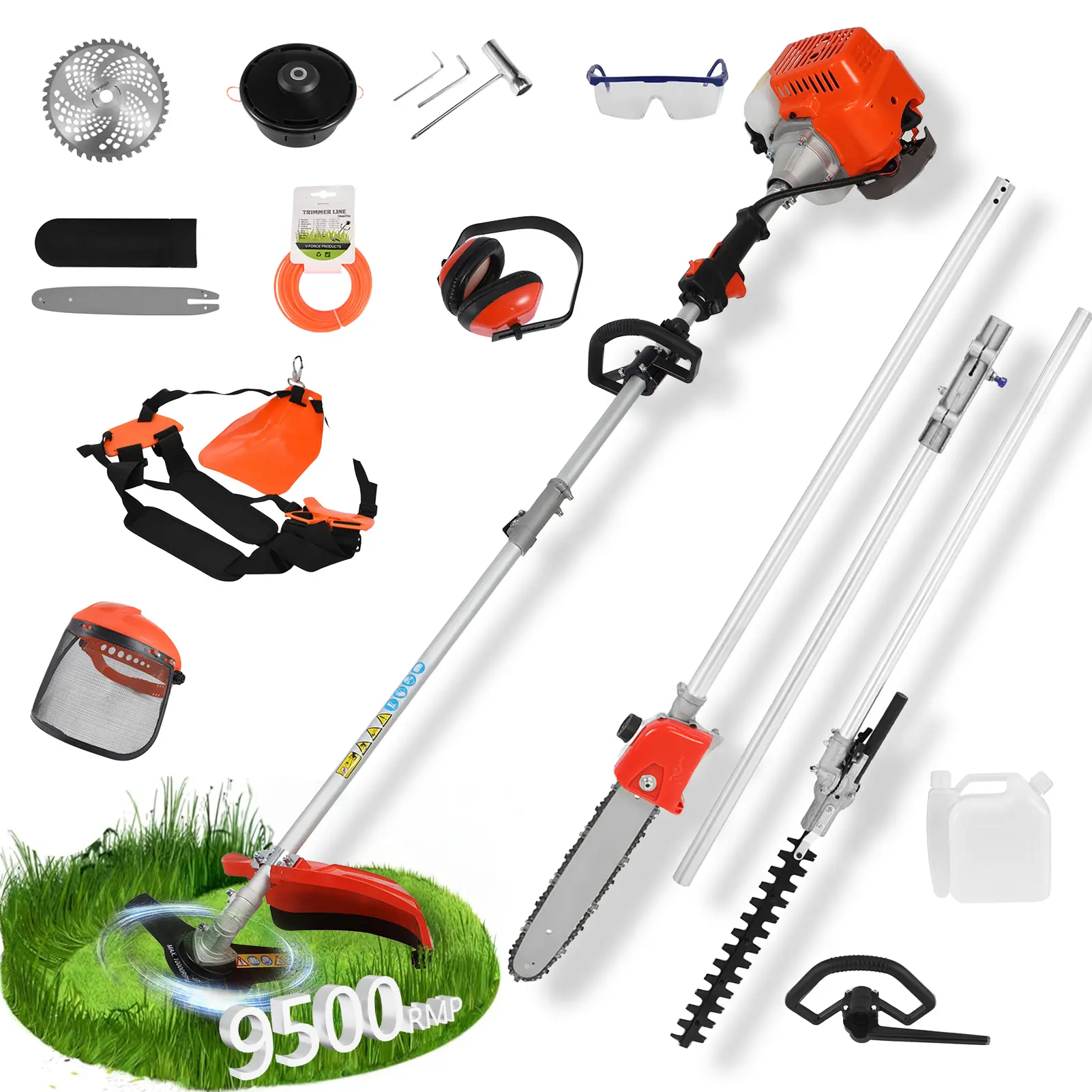 52CC Gas 5-in-1 Garden Tool Set - Cordless Hedge Trimmer, 2-Stroke Brush Cutter, Handheld Chainsaw, Lawn Mower with Nylon Rope, Single Cylinder, Oil Tank, Head Cover, Glasses, Dual Wire, 2mm Line Diameter, 35cm Width