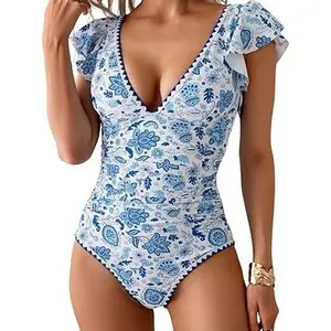 Aidonger Women's One Piece Ruffle Swimsuit Tummy Control Bathing Suit V Neck Shell Stitched Swim Suit Slimming Swimwear