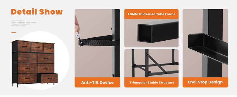 【New Color】Cupboards Cabinets Dresser - with 9 Drawers, Bedroom  Organizer, Steel Frame and Wood Top for Bedroom, Closet, Entryway