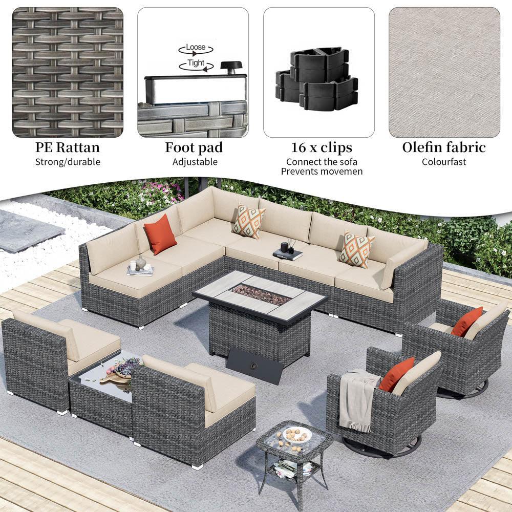 Ovios Patio Furniture 13-Piece Outdoor Sectional Sofa Set with Wicker Rocking Swivel Chairs and 42.12'' Fire Pit