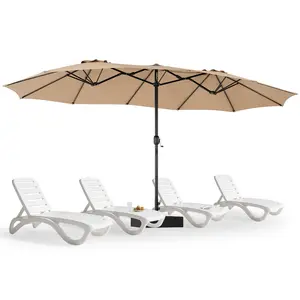 [With Base]15ft Large Patio Umbrella with Base Included, Rectangle Table Umbrella Outdoor Patio, Outside Umbrellas for Deck, Market, Backyard, Khaki