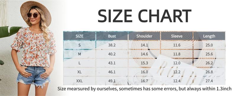 ZEAGOO Womens Blouses Dressy Casual Spring Floral Print Crewneck Smocked Puff Short Sleeve Shirts Springtok