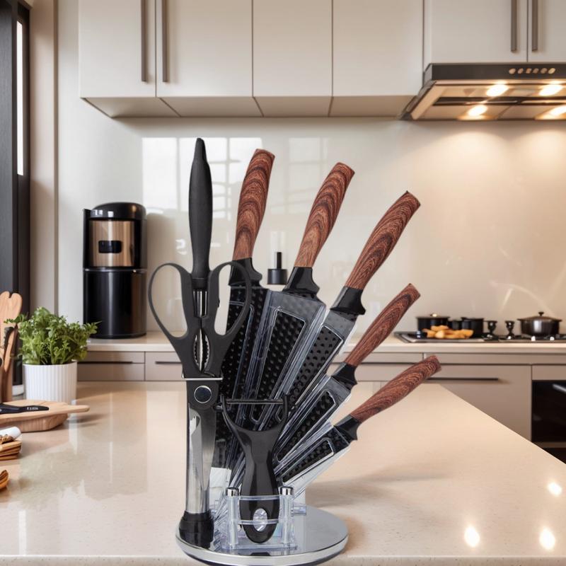 9-Piece Kitchen Knife Set - Black Chef Knife Set with Sharp Blades, Non-Stick Stainless Steel Cooking Knives Set, Ergonomic Wood Grain Handle, Aesthetic Kitchen Knives,Meat Knife Block