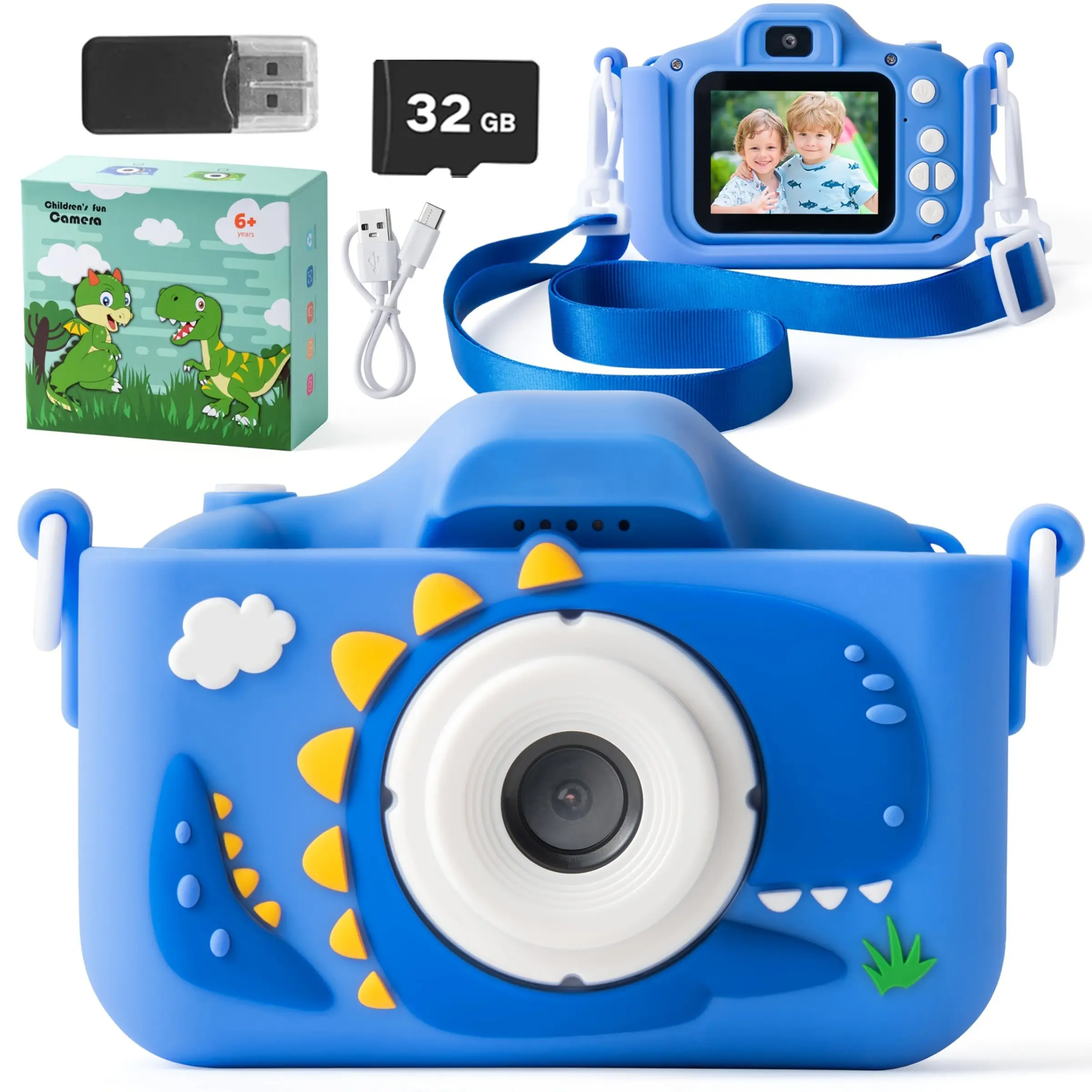 Dinosaur-designed children's camera, Beginner Digital Camera, Portable Camera, with 32GB memory card, 1080P HD digital camera, featuring music player, 5 educational games, selfie mode, fun design, making it a holiday gift for girls and boys