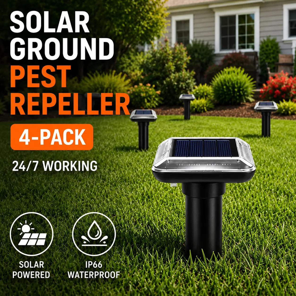 Solar Powered Ultrasonic Animal Repellent Device, IP65 Waterproof, Repels Pests Including Snake, Cat, Mole, Vole, Rat, Raccoon, Deer, Gopher, Rabbit for Lawns Garden