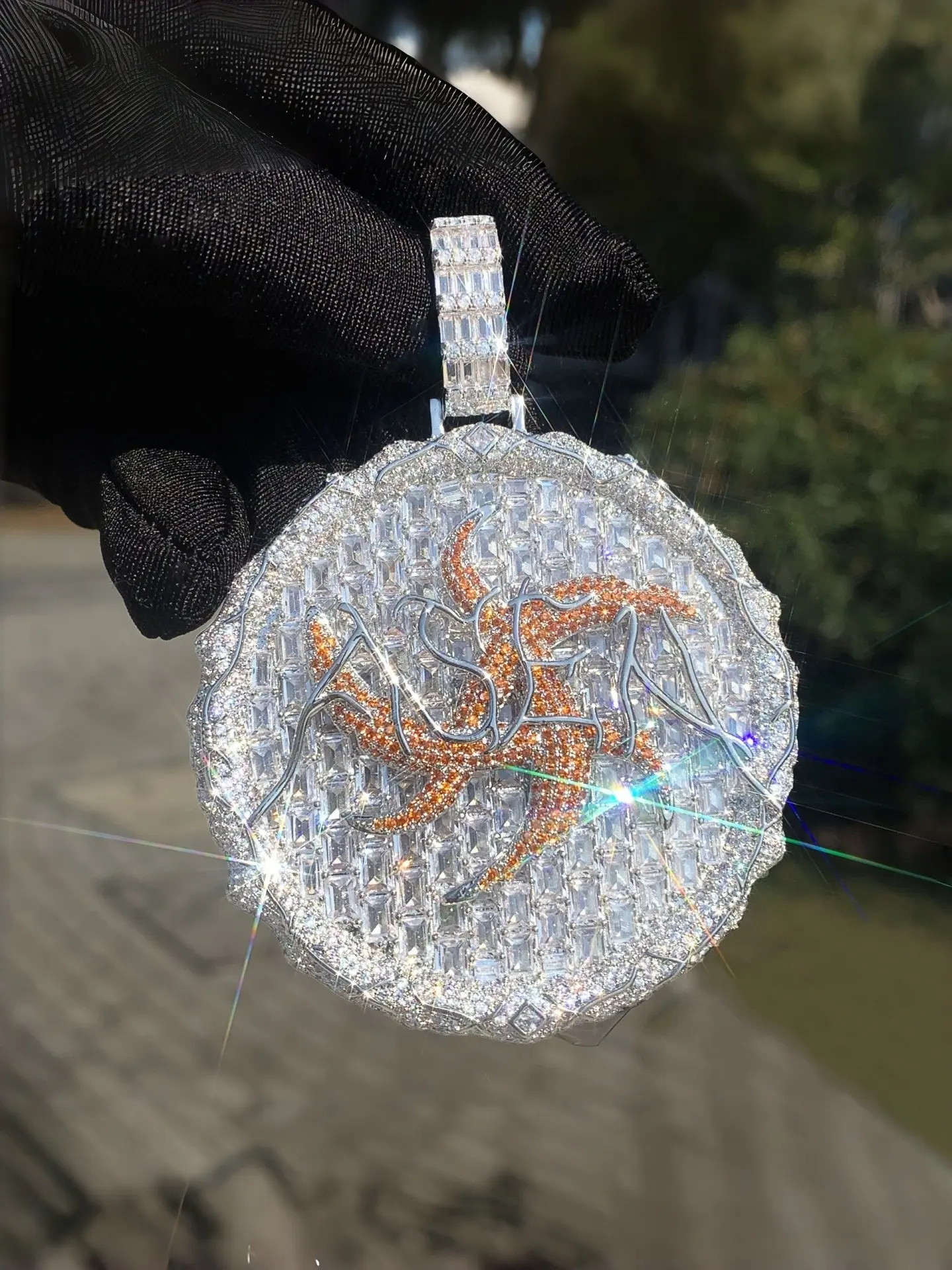 Hip Hop Custom Medallion Necklace - 14K White Gold Plated Full Baguette Cut Iced Out CZ Diamond Star Pendant with Personalized Name, Sparkly Bling Jewelry for Rappers, Star Shine Necklace, Shining Necklace