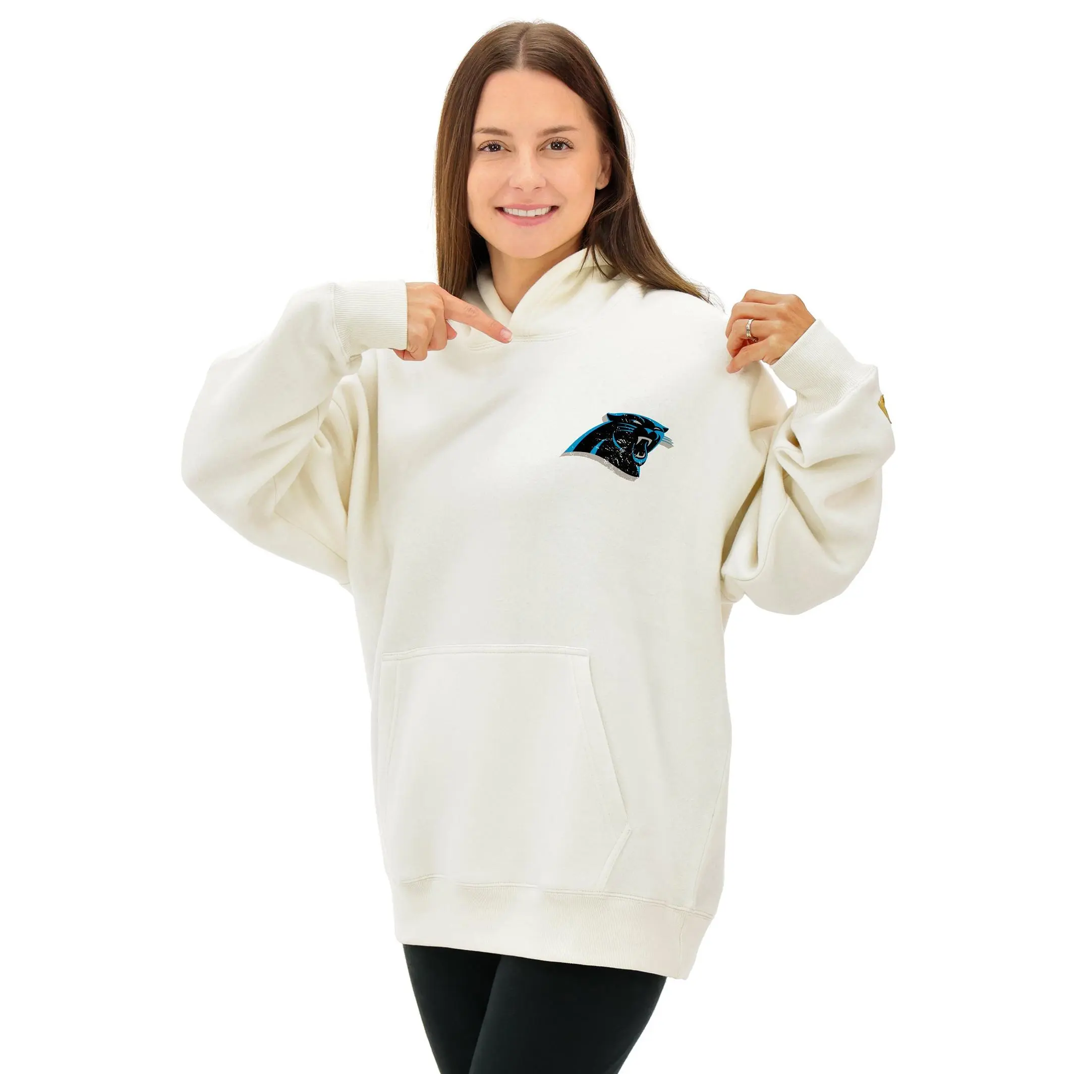 Zubaz NFL  UNISEX 90s Vintage First Down Drop Shoulder Hoodie- Off White, CAROLINA PANTHERS