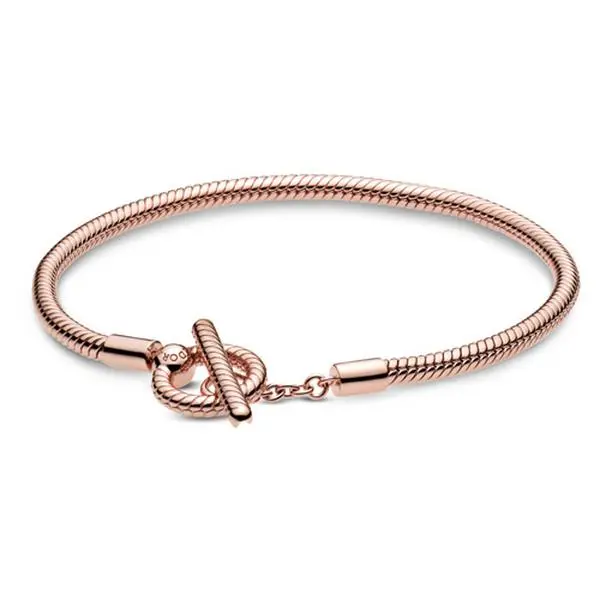 Pandora Moments T-Bar Snake Chain Bracelet, Hand-Finished Silver Bracelet with Double Circle Lock, Securely Closed Clasp, for Everyday Wear, No Warning Applicable, 589087C00-19