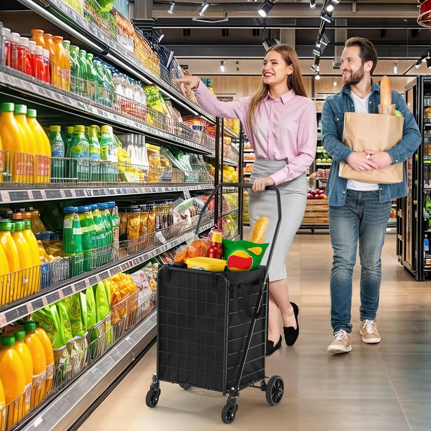 YITAMOTOR Waterproof Liner Foldable Shopping Cart with Wheels for Seniors Portable Collapsible Utility Carts for Shopping Groceries Laundry & Storage Durable