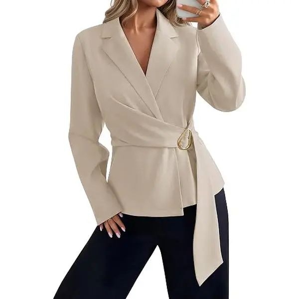 ZESICA Blazers for Women 2026 Wrap V Neck Casual Business Suit Jackets | Long Sleeve, Notched Lapel, Belted Open Front Coats, Professional Office, Dressy Work Blazer, Fall Winter Fashion Clothes