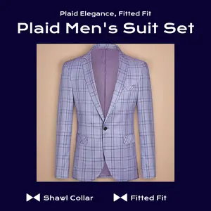 Mens 2 PCS Plaid Suits Slim Formal Suit Checkered Blazer Jacket Pants