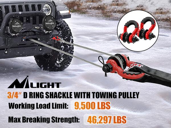 Nilight 3/4" D Ring Shackle with Towing Pulley 2 Pack 4.75 Ton (9500 Lbs) 7/8" Pin Heavy Duty Off Road Recovery Shackle with Isolators Washer Kit for Jeep Truck Tractor Vehicle ATV UTV