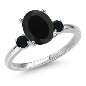 Gem Stone King 14K White Gold Black Onyx Engagement Ring For Women | 2.70 Cttw | Oval 10X8MM | Gemstone December Birthstone | Three Stone Wedding Engagement Anniversary Promise Ring For Women