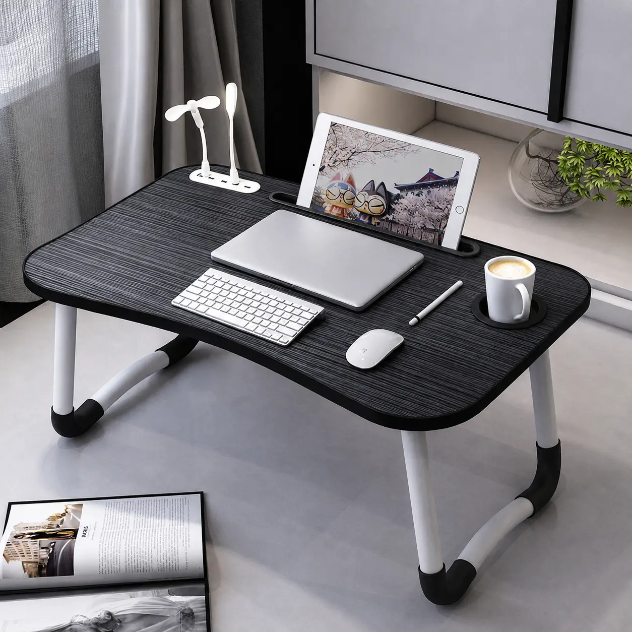 Foldable Laptop Desk with 2 USB Ports + 2 Type-C Ports, Oversized Durable Wood Bed Tray Table with Cup Holder, Drawer, Fan & Light, Adjustable Tiltable Tabletop, Sturdy Portable Design, Space-Saving Desk for Bedroom, Students & Daily Use