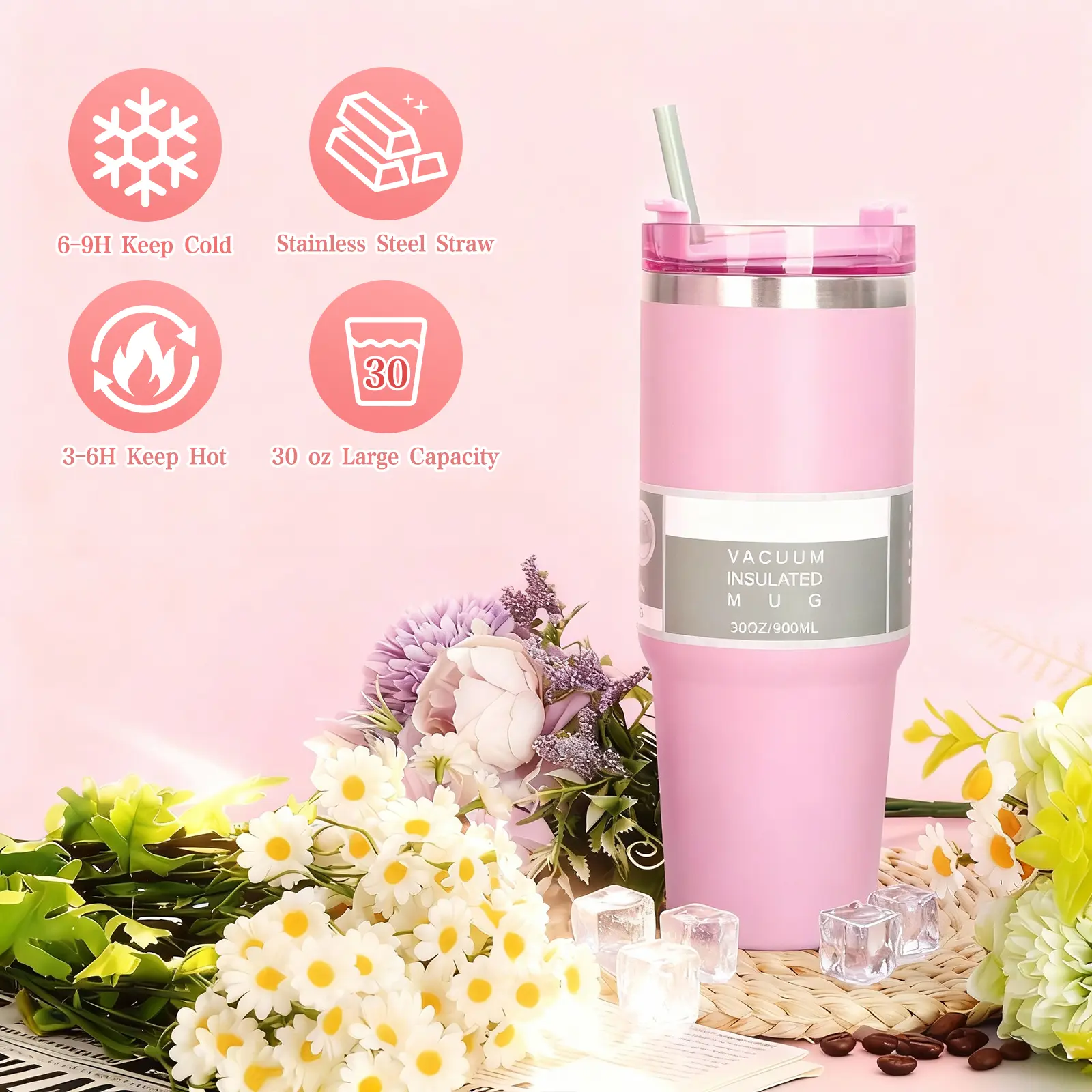 30oz Watercolor All Over Print Stainless Steel Vacuum-Insulated Tumbler (500-1,000 ml Range), Leak-Proof Double-Wall Portable Mug with Lid, Reusable Eco-Friendly Home & Office Cup, Ideal Easter Gift for Kids