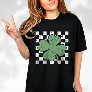 Retro Shamrock Shirt, Checkered Shamrock TShirt, Patrick’s Day Gift Graphic Unisex
