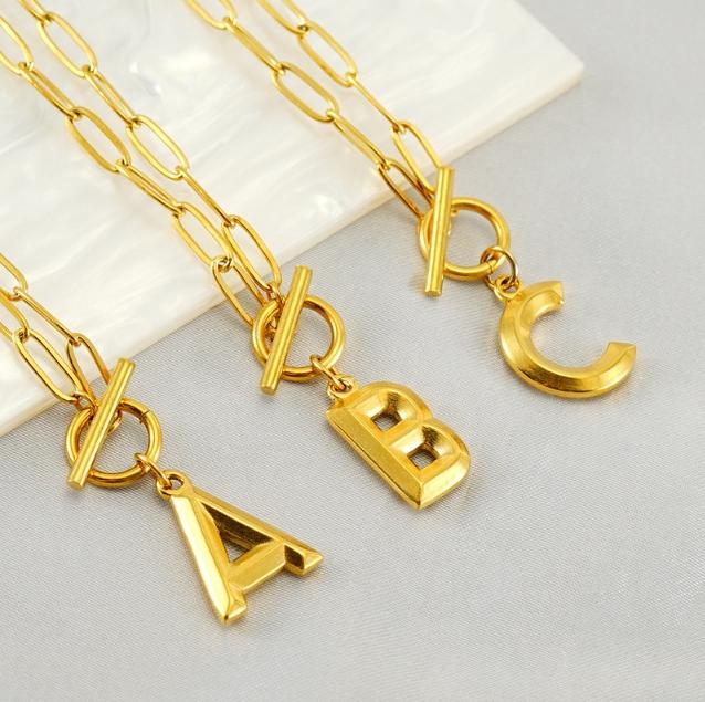 GGIRL OT Buckle English Letter Necklace 18K Gold Plated Three Dimensional Pendant for Men Women Elegant Modern Fashion Jewelry Gift for Holiday Haul Christmas Birthdays Anniversaries Versatile Design