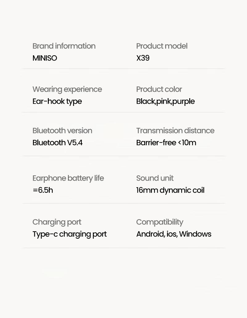 Miniso X39 True Wireless Open Ear Headphones , Bluetooth 5.4 Long Battery Time Earbuds , HiFi Sound Over Ear Headphones