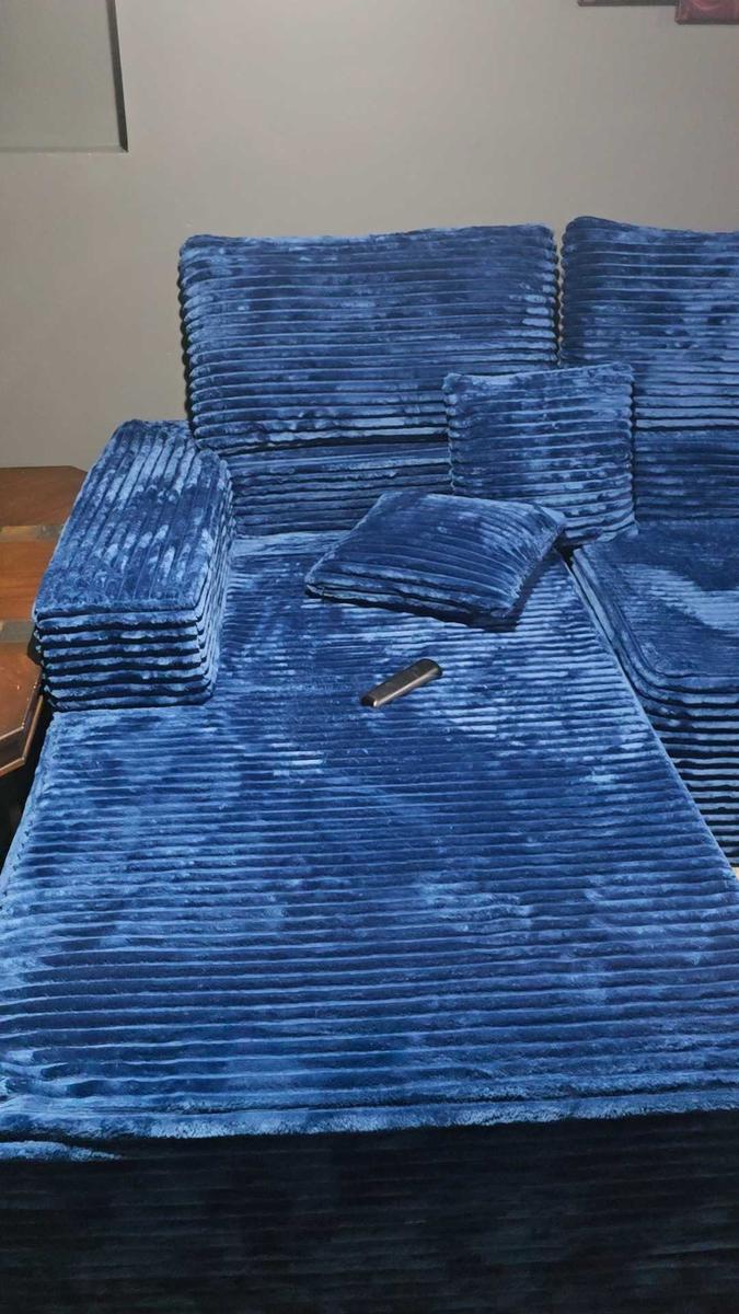 Item: Navy Plush Corduroy Left Chaise, U-Shape with Ottoman