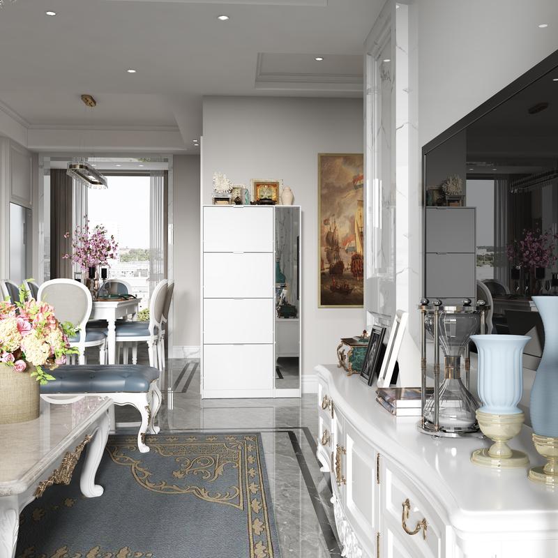 FUFU&GAGA Special Side Mirror Design Shoe Storage Cabinet With 4 Layers for Living Room Hallway Flip Shoes Rack