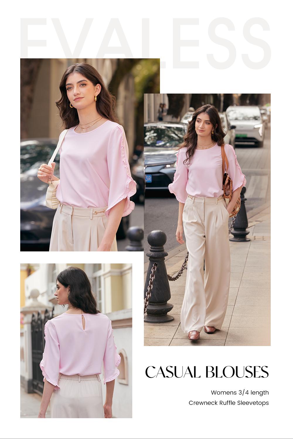 EVALESS 3/4 Long Sleeve Womens Tops Dressy Casual Lightweight Loose Blouses Crew Neck Ruffle Sleeve Shirts Business Work Tops 2026 Trendy Womenswear Spring Outfits  Deals For You Days summer outfits