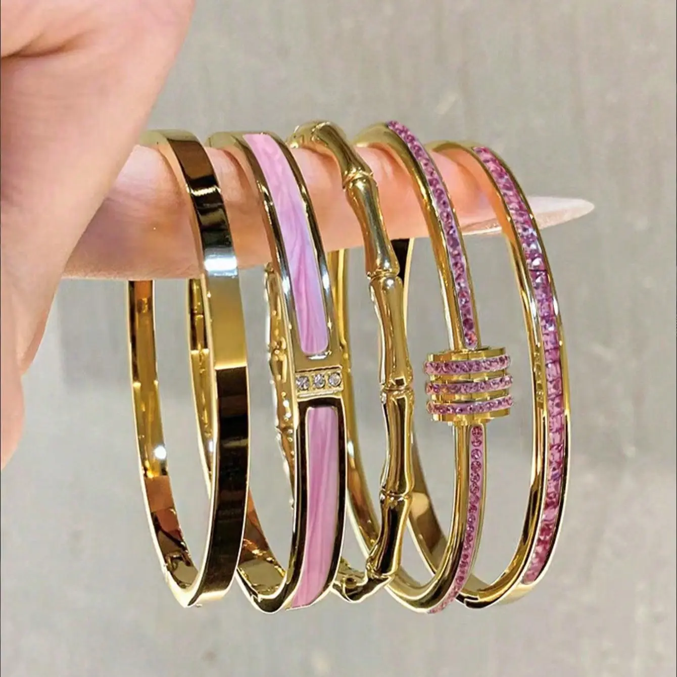 5-Piece Waterproof Titanium Steel Bracelet Set, Rhinestone Design, 18K Gold Plated, Versatile Bracelet, Unisex Elegant Jewelry, Stackable Bracelets, Fashion Bracelet