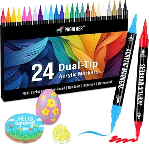 Acrylic Paint Markers, Dual Tip with Fine Tip and Brush Tip Pens for Stone, Wood, Calligraphy, Canvas, Ceramic, Metal, Glass, Rock Painting, DIY Crafts