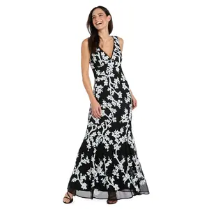 White Floral Sequin Gown with V Neckline