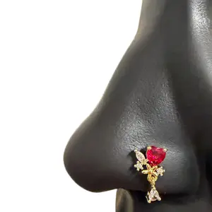 Dangle Crimson Heart Nose Stud Surgical Steel L-Shape 7mm x 4mm Hypoallergenic Durable, Non-tarnished