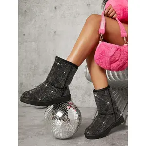 Women's All-Over Rhinestone Embellished Round Toe Flat Sole Mid-Calf Glam Pewter Snow Boots-Luxury&Comfort Summer Shoes Spring Shoes Spring Break Easter