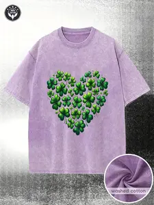 for st\.\ patrick'S Day T-shirt | 230g Washed, Vintage Green with Heart-Shaped Clover Design, High-Quality Washed Fabric, Perfect for Casual Wear and Outdoor Activities, Crew Neck, Regular Fit