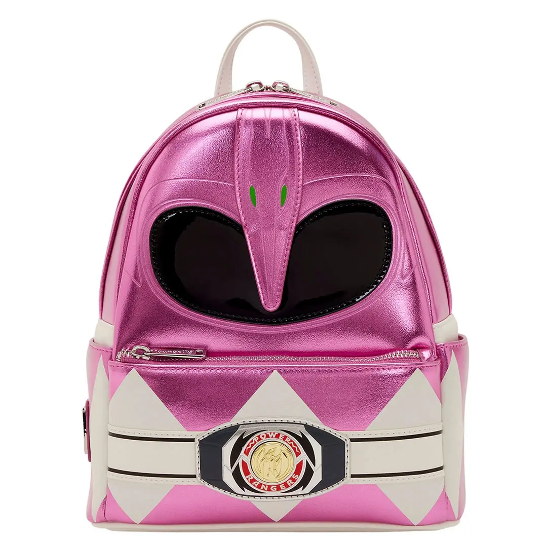Loungefly Hasbro Power Rangers Retro Style 90s Look Metallic Pink Ranger Cosplay Faux Leather Mini Backpack, Everyday Carry Collectible Functional Luggage Bag