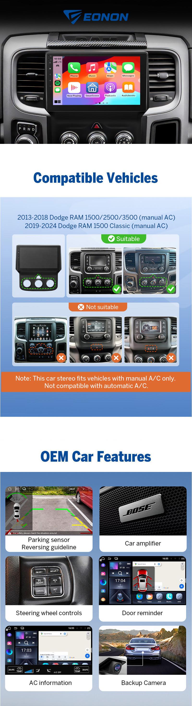 EONON Car Stereo for Dodge RAM 1500 2500 3500 (2013-2018) Manual AC, Wireless CarPlay & Android Auto Car Radio Touch screen, 9" Android 14/13 Car head unit, SWC GPS Navigation, BT, Wi-Fi, Sub, Backup camera, Jumpstart Sale - DGRMX7 / DGRMX6S2