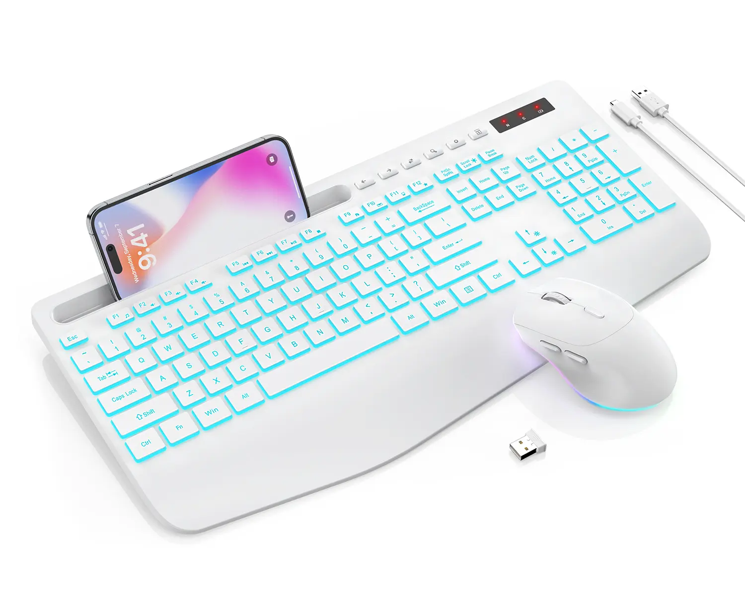 SABLUTE KM22Max 2.4G Lag-Free Rechargeable Silent Wireless Keyboard and Mouse Combo - 7 Backlit Effects, Wrist Rest, Phone Holder, Ergonomic Design for Computer, Laptop (Mac, Windows Compatible, Non-Bluetooth),back to school,back to school haul