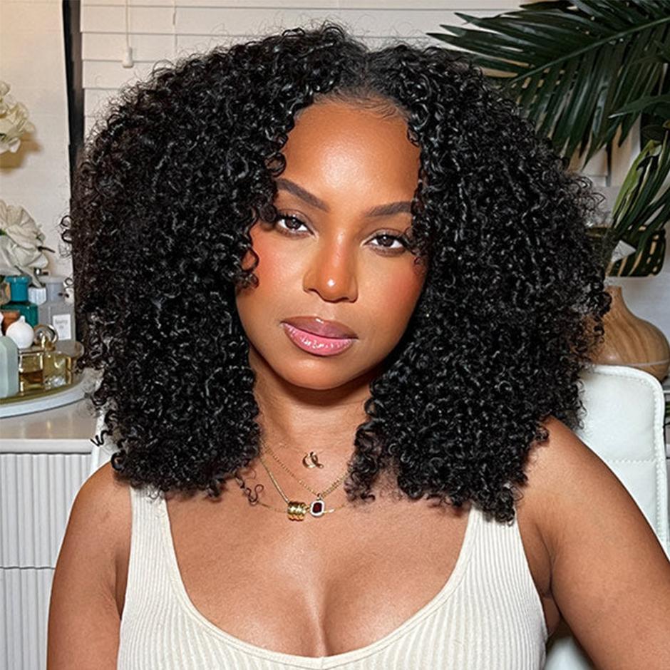 MORE FACE V Part Bob Wig Glueless Kinky Curly Human Hair Wigs With No Leave Out 180% Density Curly Human Hair Wigs Beginners Friendly