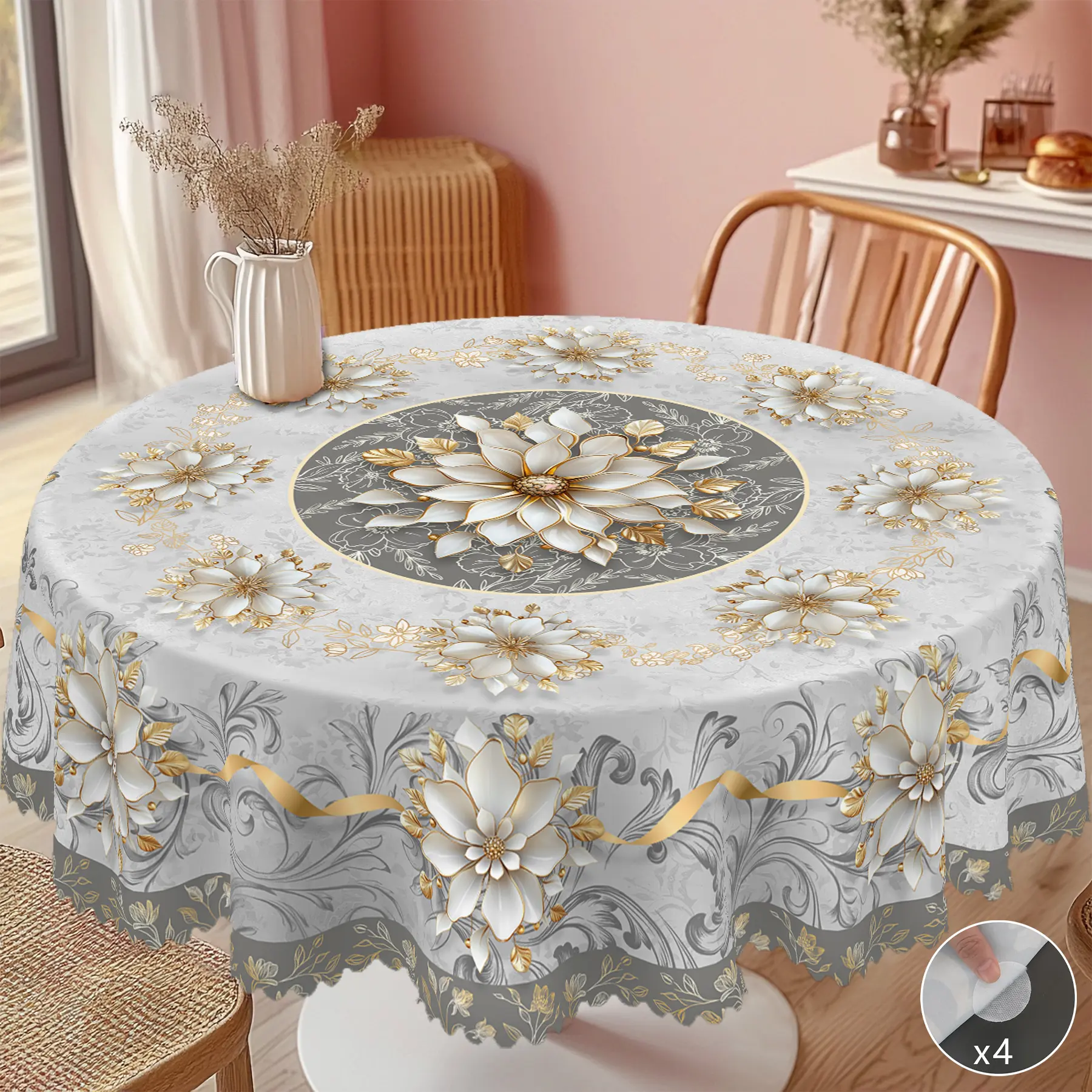 【Back to School】PLUMLIK Floral Tablecloth, Elegant Golden Grey Round Rectangular Table Cover,bridal shower gift, Wedding Birthday Indoor Outdoor Home Party Decoration, Summer Holiday Decor, Kitchen Festive Accessories, Farmhouse Coffee Table Decor