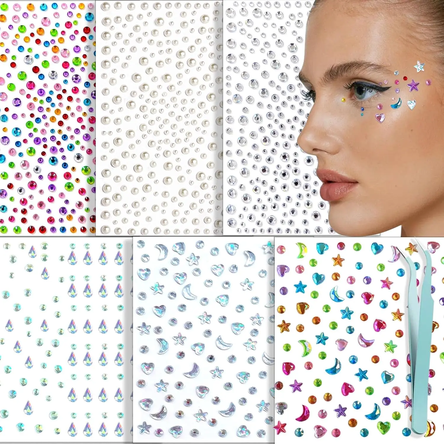 Self Adhesive Face Gems Stickers, Hair Gems Face Jewels Eye Jewels Rhinestones Festival Essentials Rave Accessories Rhinestone Stickers for Face, Eye, Makeup Stickers for Kids,Women