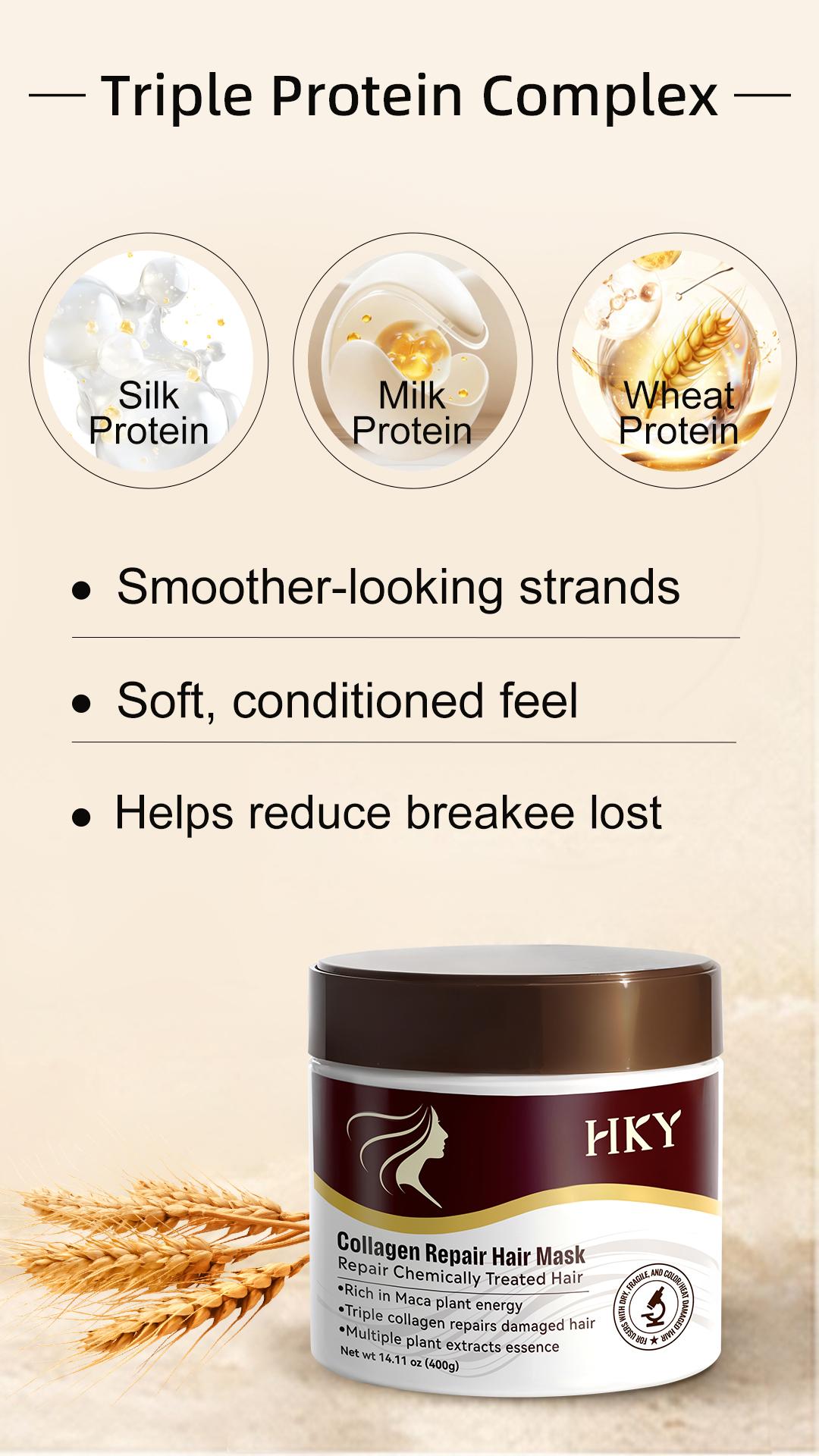 HKY Collagen Deep Repair Hair Mask, Argan Oil Deep Conditioner Treatment for Dry, Damaged, Frizzy Hair. Natural Hydrating Haircare for Color-Treated, Bleached Hair, Split Ends & Breakage. Professional Salon Quality Smoothing Frizz Control Formula (400 g)