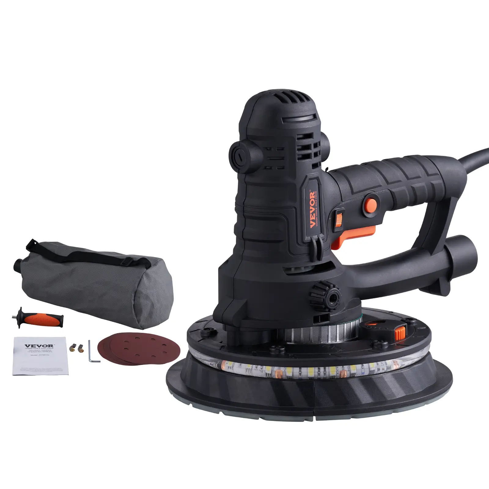 VEVOR Heavy Duty Electric Drywall Sander Tool Kit for Home Hardware, Foldable Handle, Self-Suction, Variable Speed, LED Strips, Vacuum Bag, Extension Pole, DIY Buffing Polishing Machine (Multiple Specifications) – Father's Day Gift Option, None