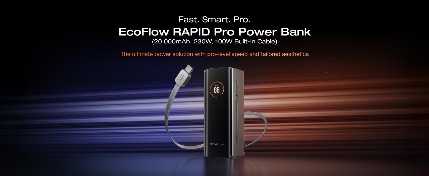 EcoFlow Rapid Pro Powerbank 20000mAh 230W Max Output with 100W Cable, 4-Port Portable Charger, Up to 120W Charging Power, Compatible with iPhone Series, Samsung, Laptop and More