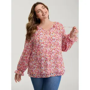 【Summer Turn-Up】【V-neck】BlOOMCHIC Plus Size Sweet Floral Print Ruffled Neck Blouse [M-6X] 2026 Summer Pick for Mother's Day
