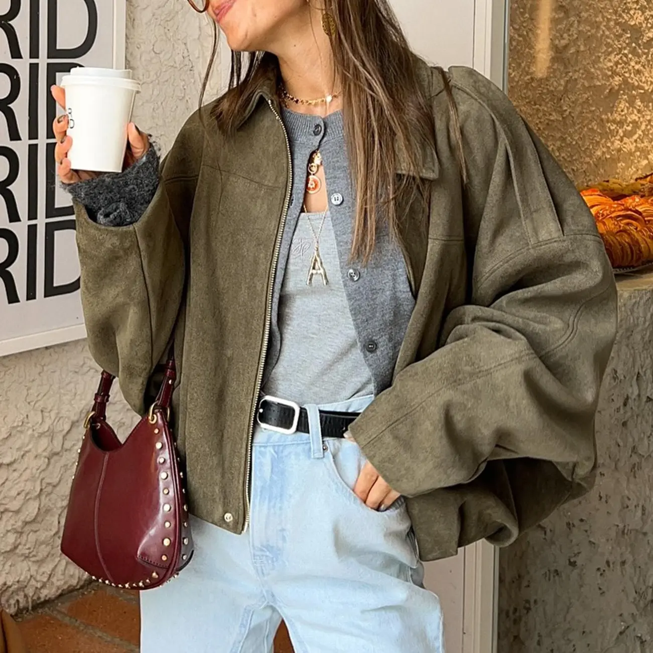 SHEEN Women's Faux Suede Jacket -2026 Spring/Autumn Vintage Solid-Color Collared Zip-Up Long-Sleeve, Loose Batwing Sleeve with Epaulets Bomber Warm Outerwear, Basic Top